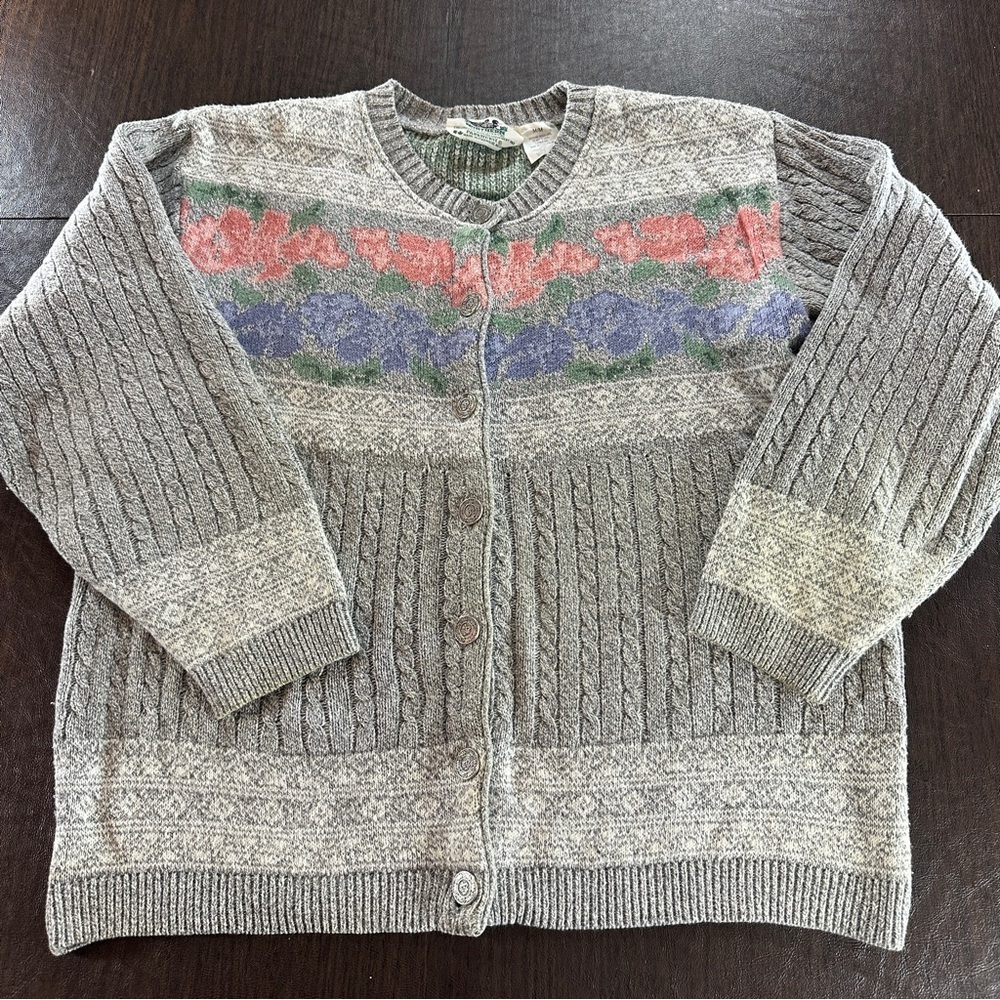 VTG Gray Floral Pattern Northern Reflections Button Down Cardigan Sweater Sz M